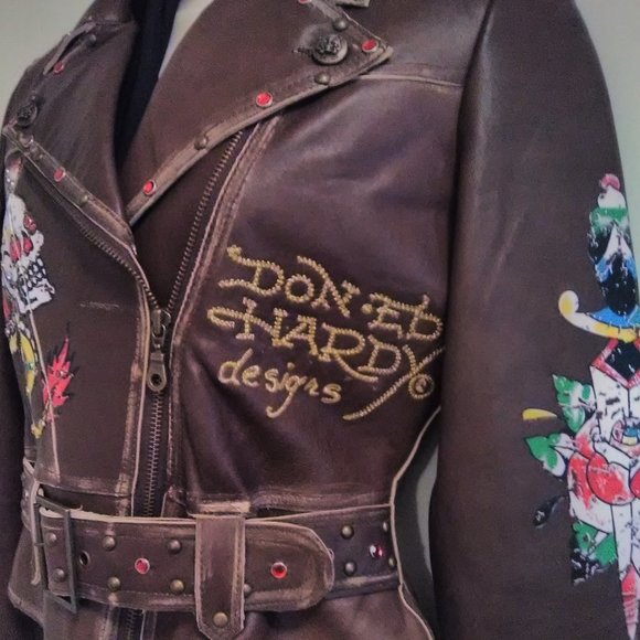 Ed Hardy Brown Leather Jacket Sz XSmall Crossover Biker Style NWT - Picture 5 of 13